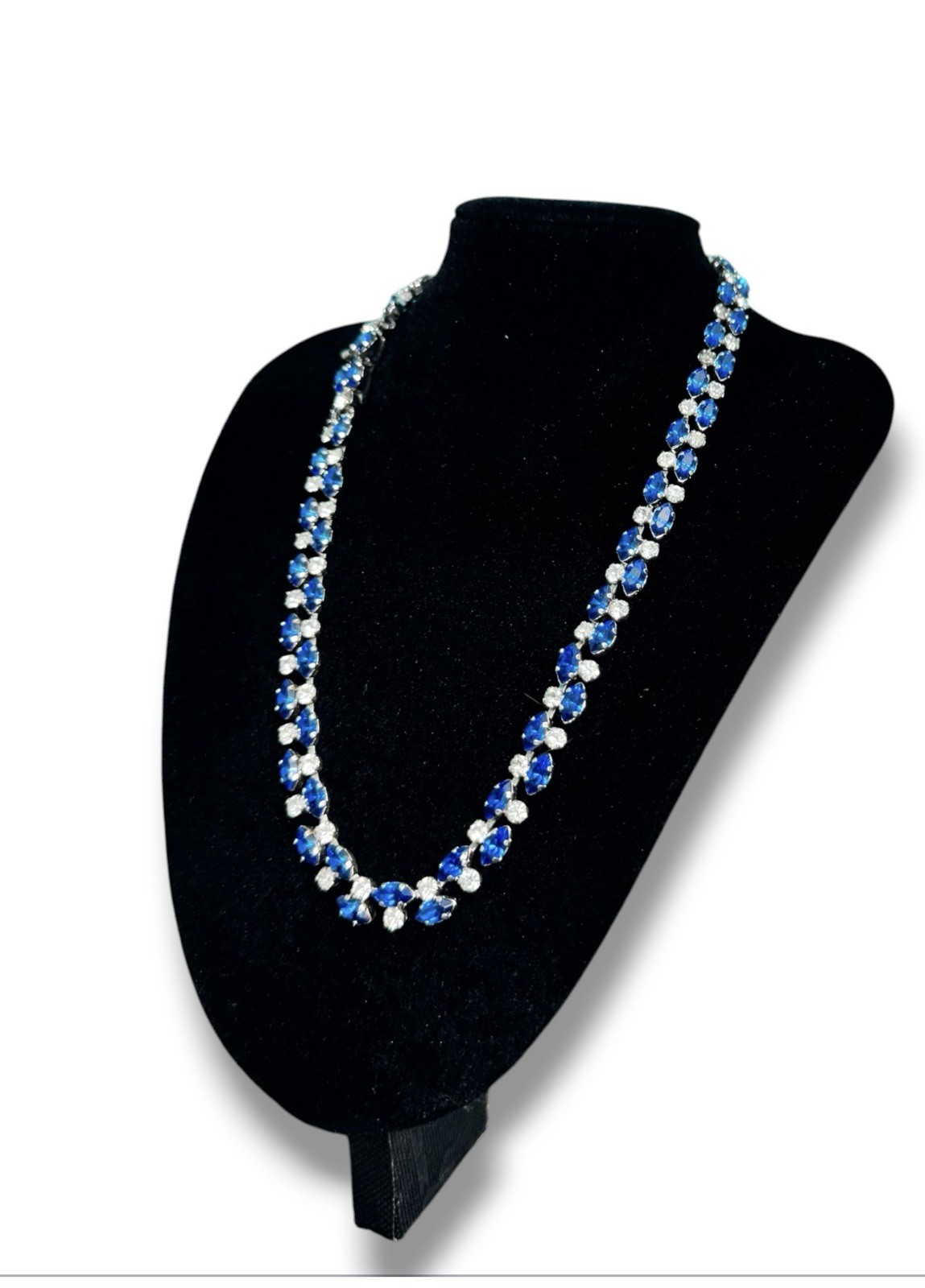 Vintage Austria Blue Rhinestone Tennis Necklace Austrian Crystal Silver Tone Sig