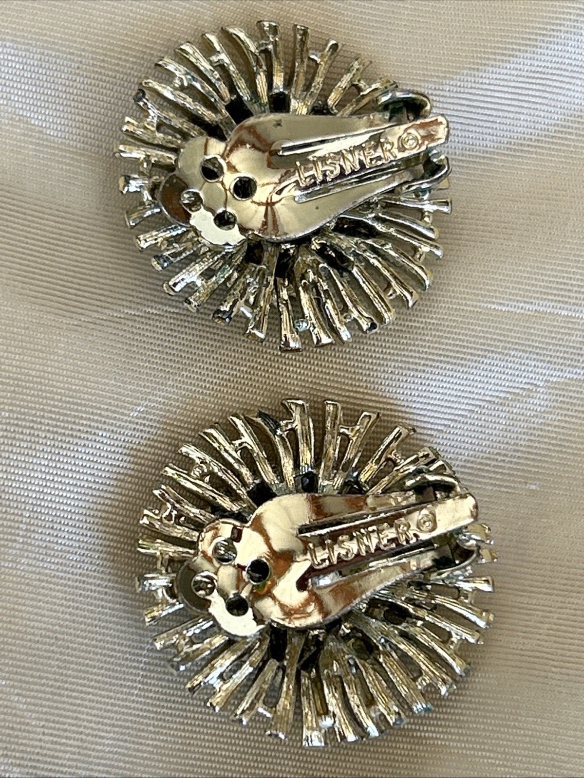 Vtg Signed LISNER Green Rhinestone Set Starburst Brooch Bracelet Earrings