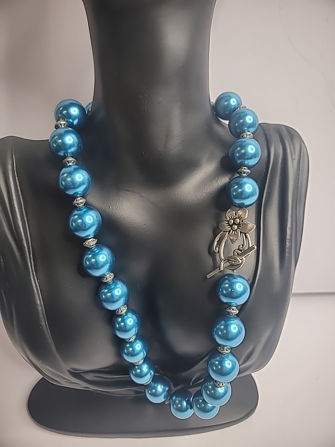 Vintage Blue Beaded Silver Tone Toggle Clasp Jewelry Costume