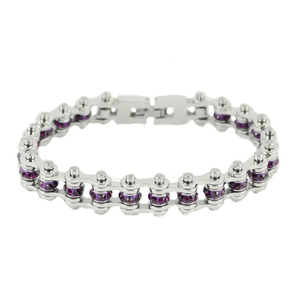 Ladies Motorcycle Bike Chain Bracelet Stainless February Amethyst Imitation 165
