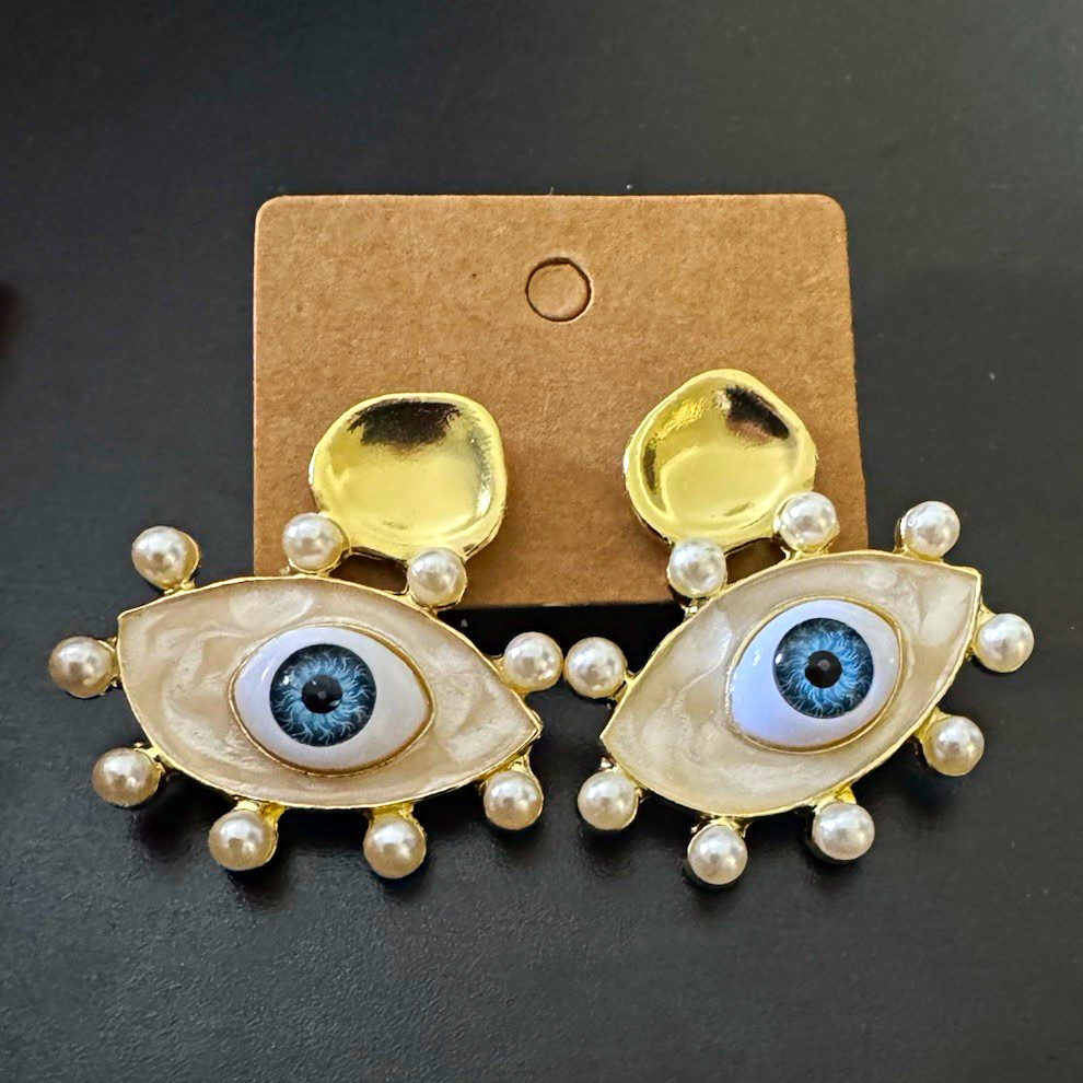 Gold Tone Evil Eye Stud Earrings, Imitation Pearl, Butterfly Back, Nickel-Free
