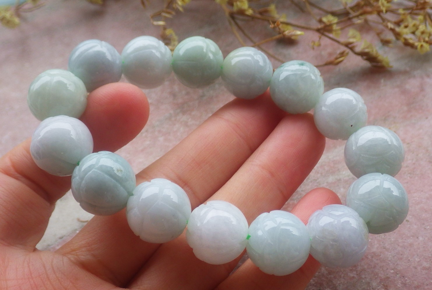 1 piece Green A JADE Jadeite Beads Bangle Lotus Flower Bracelet 7 inches 734353