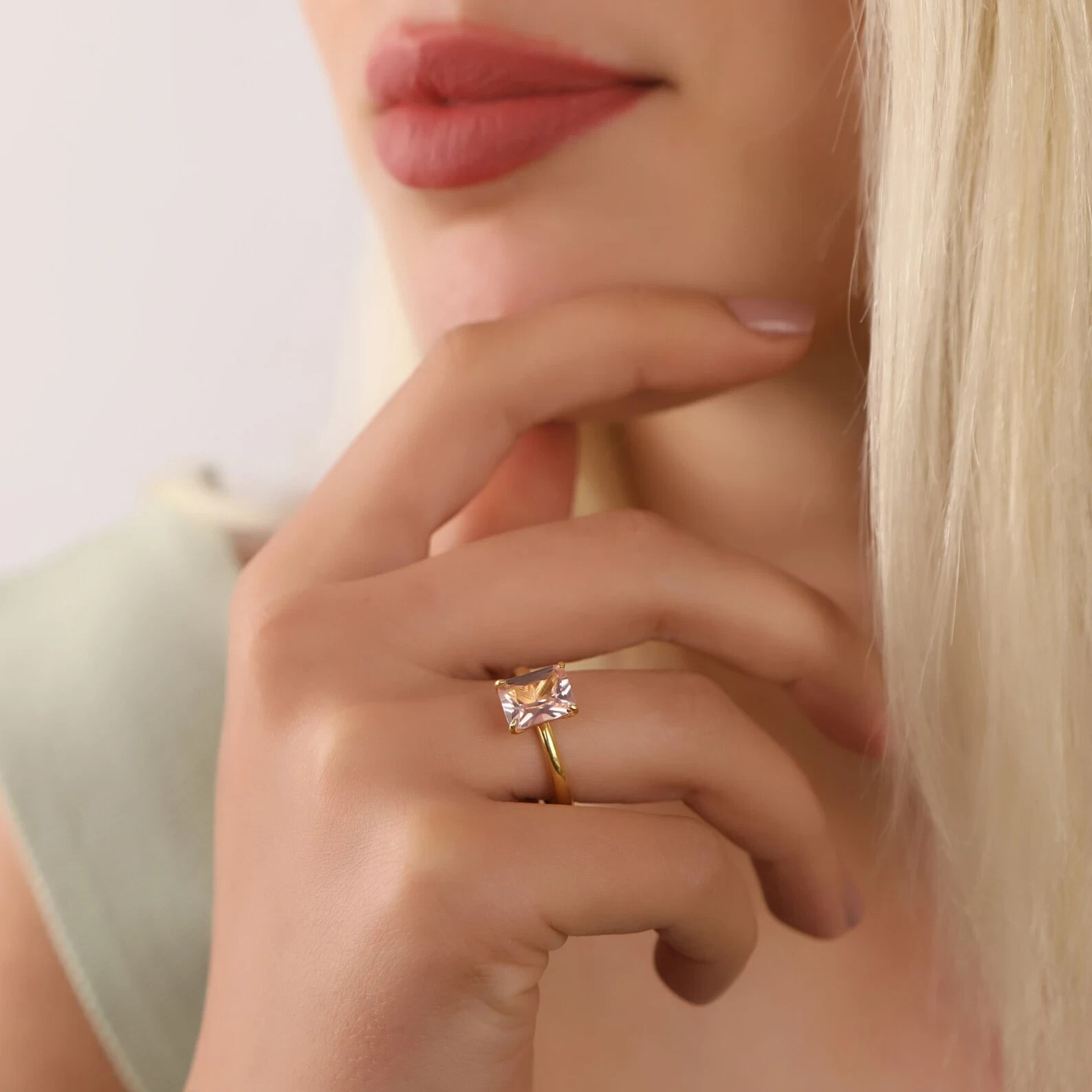 Morganite ring 925 Silver yellow gold, Dainty engagement gift ring