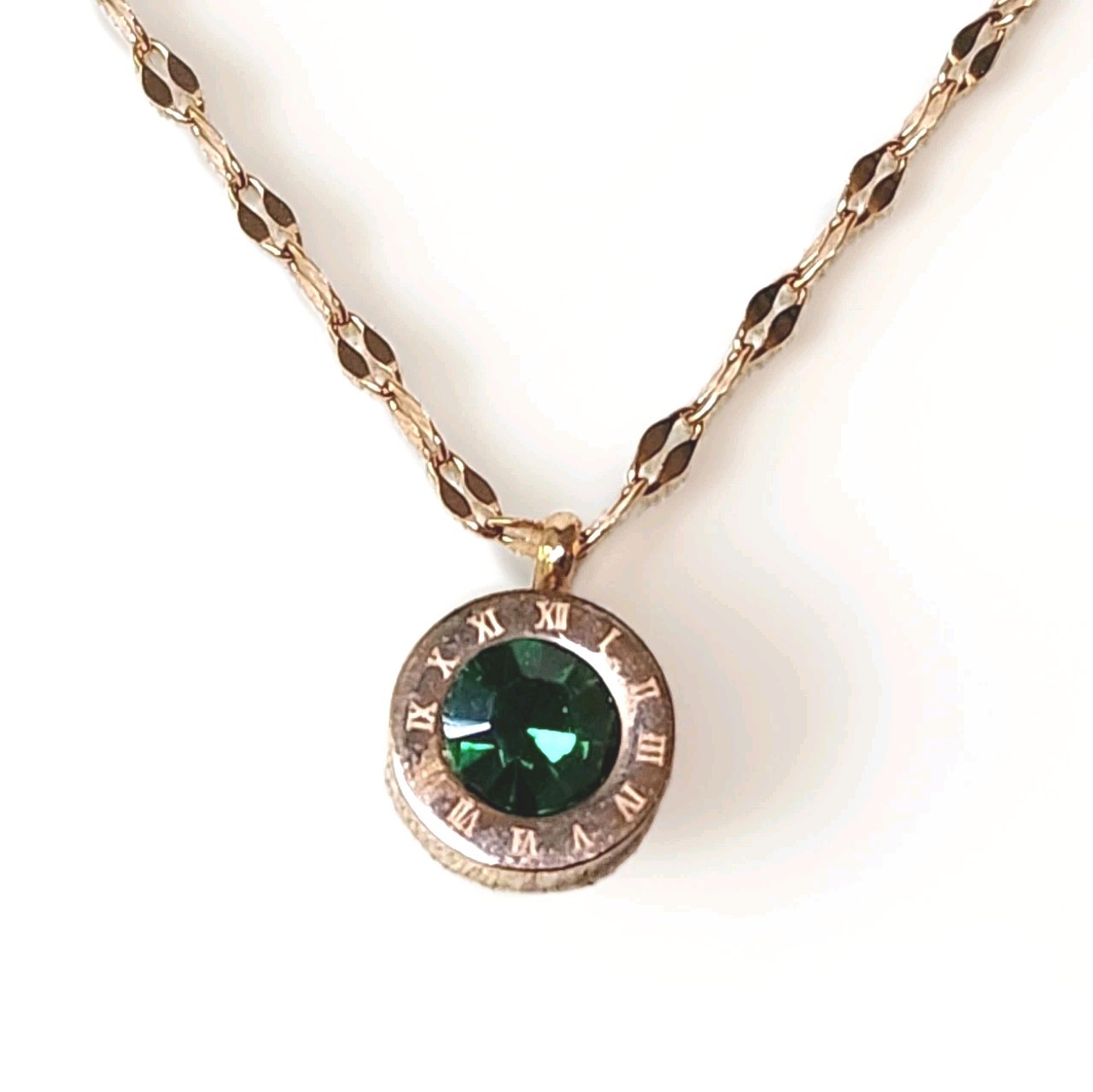 Green CZ Dot Pendant Necklace Gold Tone Stainless Steel Roman Numeral Clock