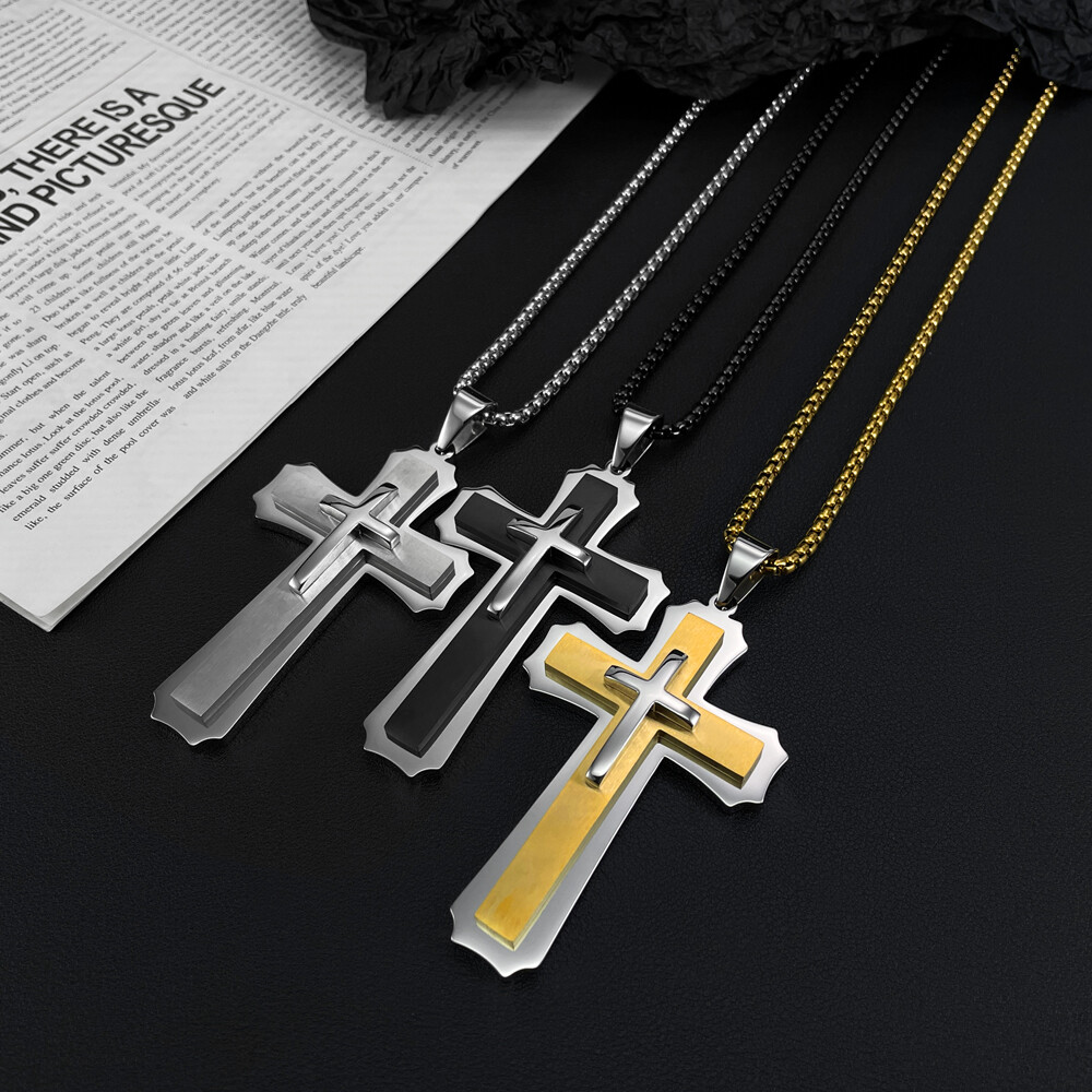 Large 52*84mm Simple Cross Pendant Charm Stainless Steel Rolo Chain Necklace 30′