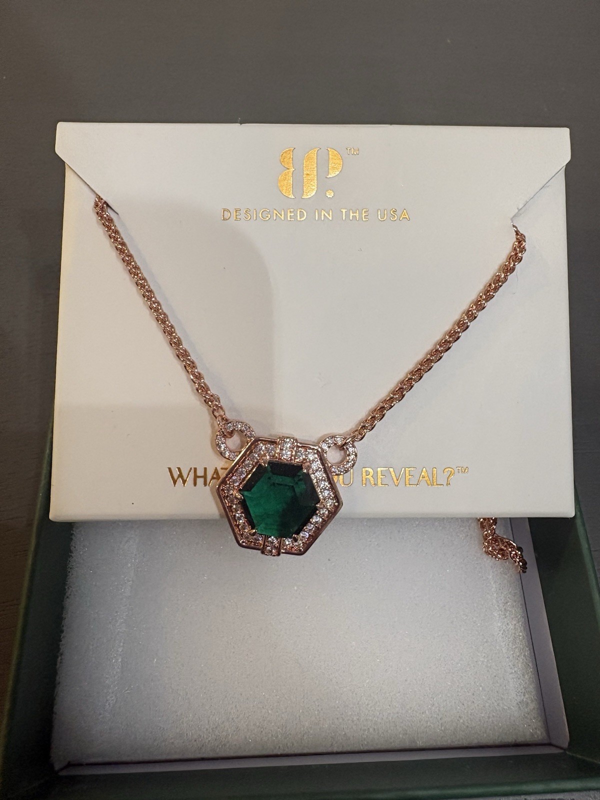 BP Rose Gold Plated Lab Emerald Hexagon CZ Pavé Pendant Necklace 18″ NK19145