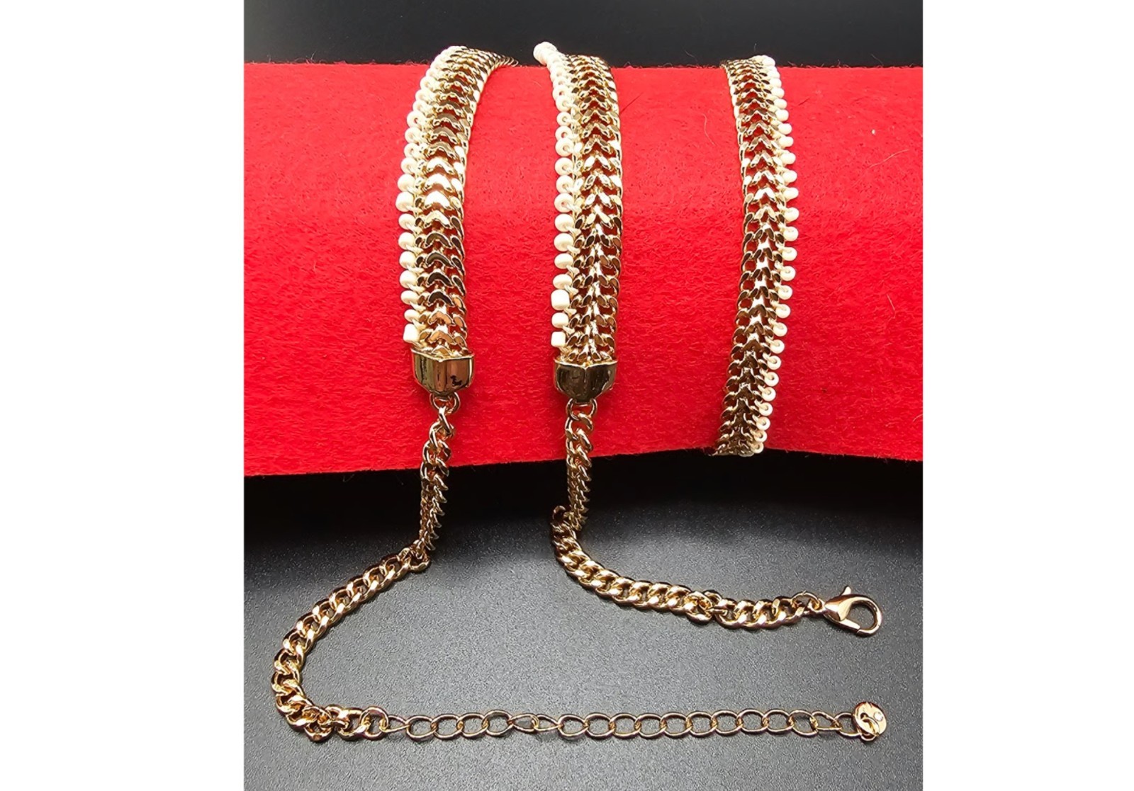 Elegant Gold-Tone Chevron Chain Necklace & Bracelet Set with White Seed Beads