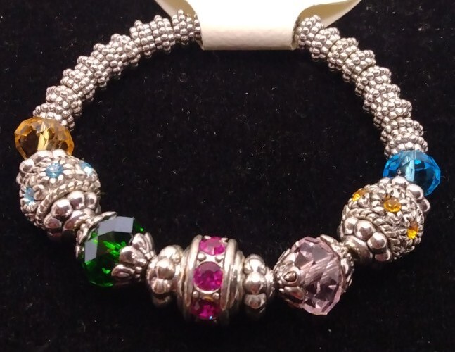 Stunning Glass Beads & Crystal Colors Stretch silvertone Bracelet, 16 – 19.5 CM