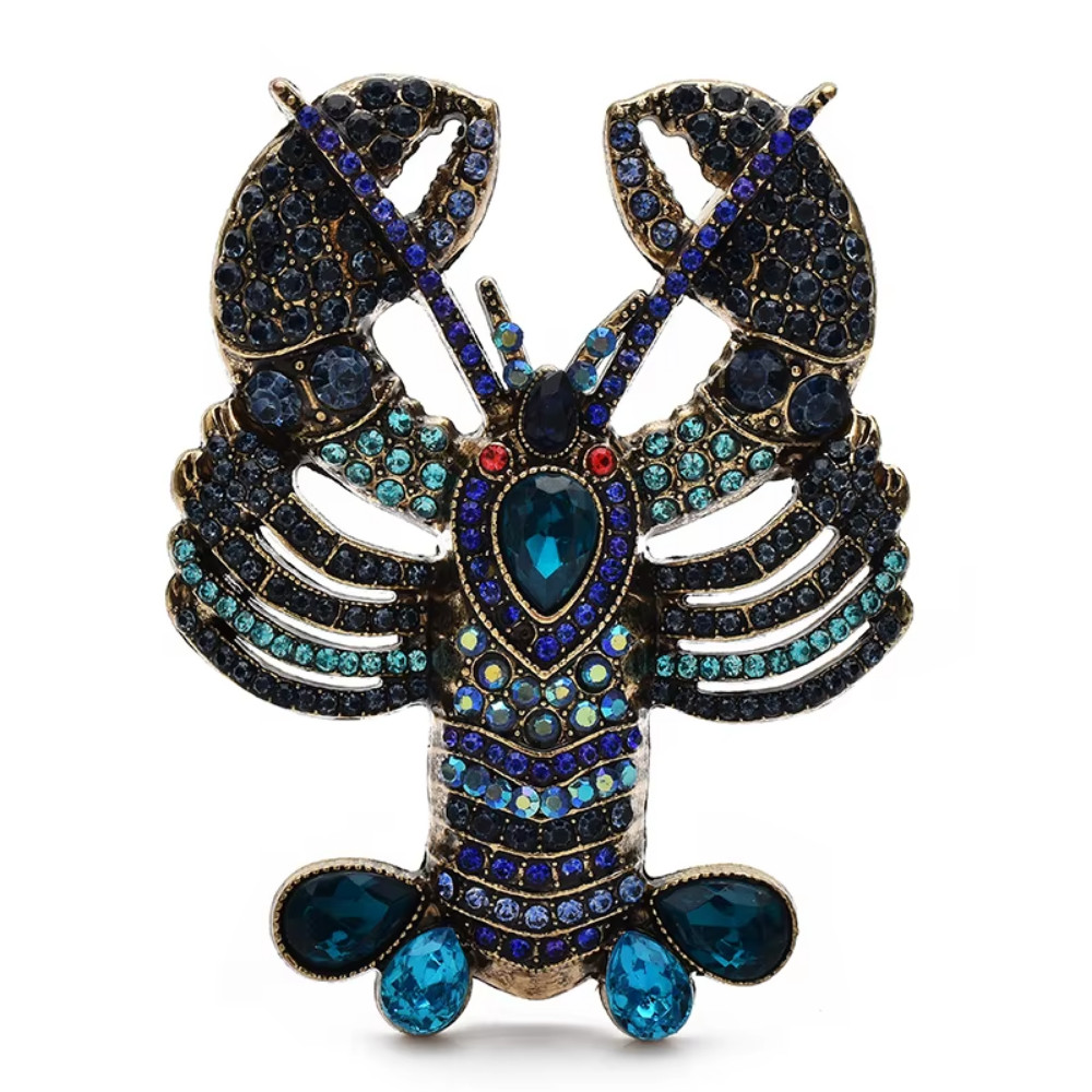 Blue Crystal Lobster Brooch Pin Sparkly Rhinestone Animal Statement Jewelry Gift