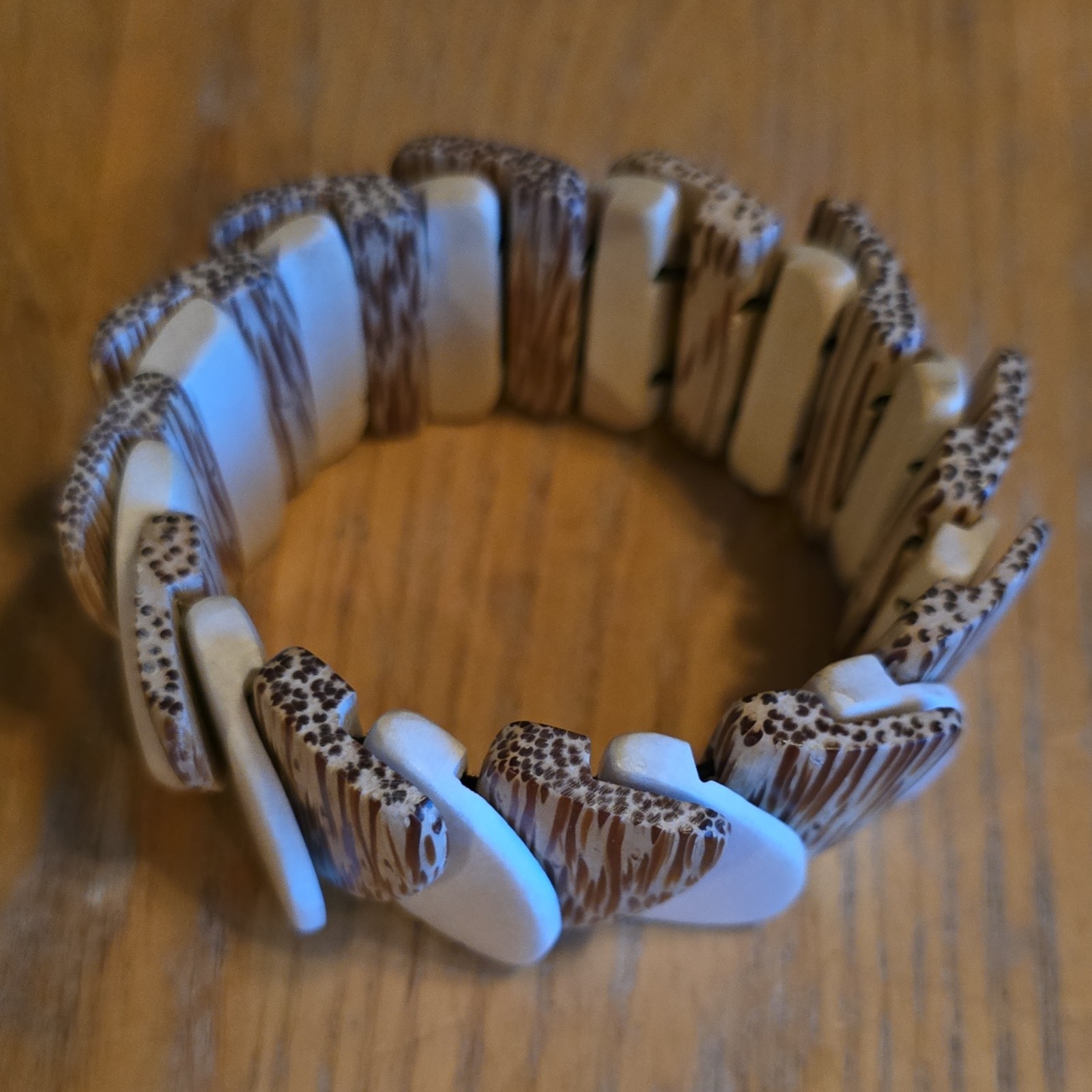Wooden Brown & White Stretch Beaded Bracelet No Clasp Bohemian Rectangle Beads