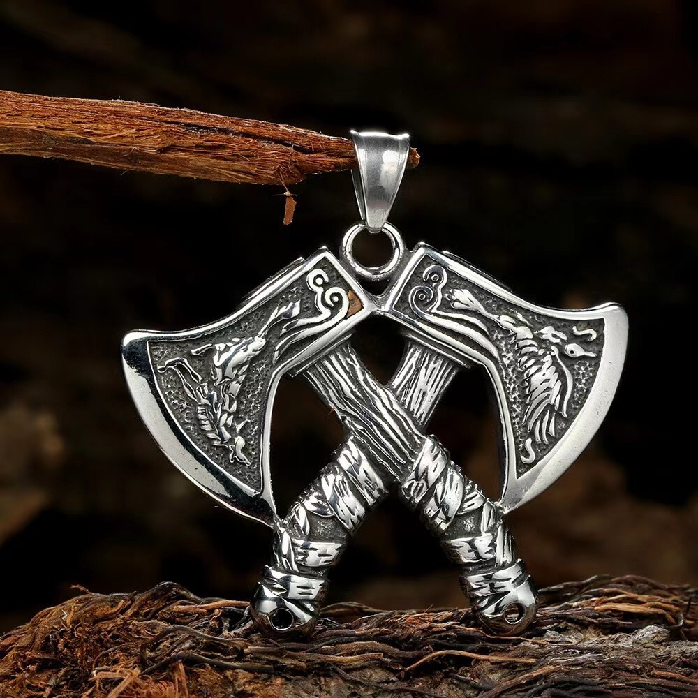 Silver Norse Viking Double Wolf Raven Axe Pendant Necklace Chain Men’s Jewelry