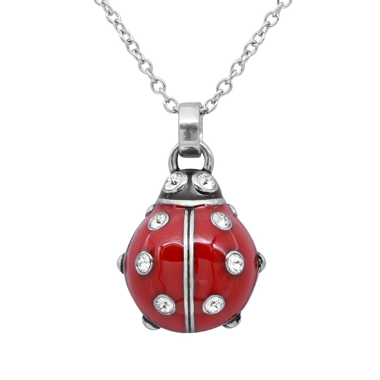 Ladybug Pendant Necklace Red Black Epoxy White Crystals Charm Necklace
