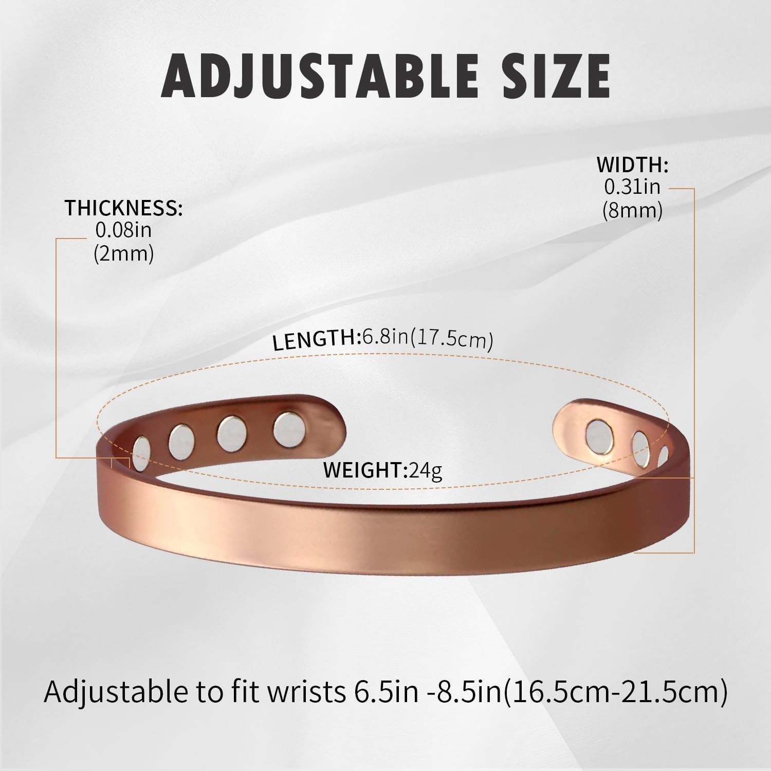 Stylish Adjustable Copper Bracelet – 99.9% Pure with Magnetic Therapy Elements