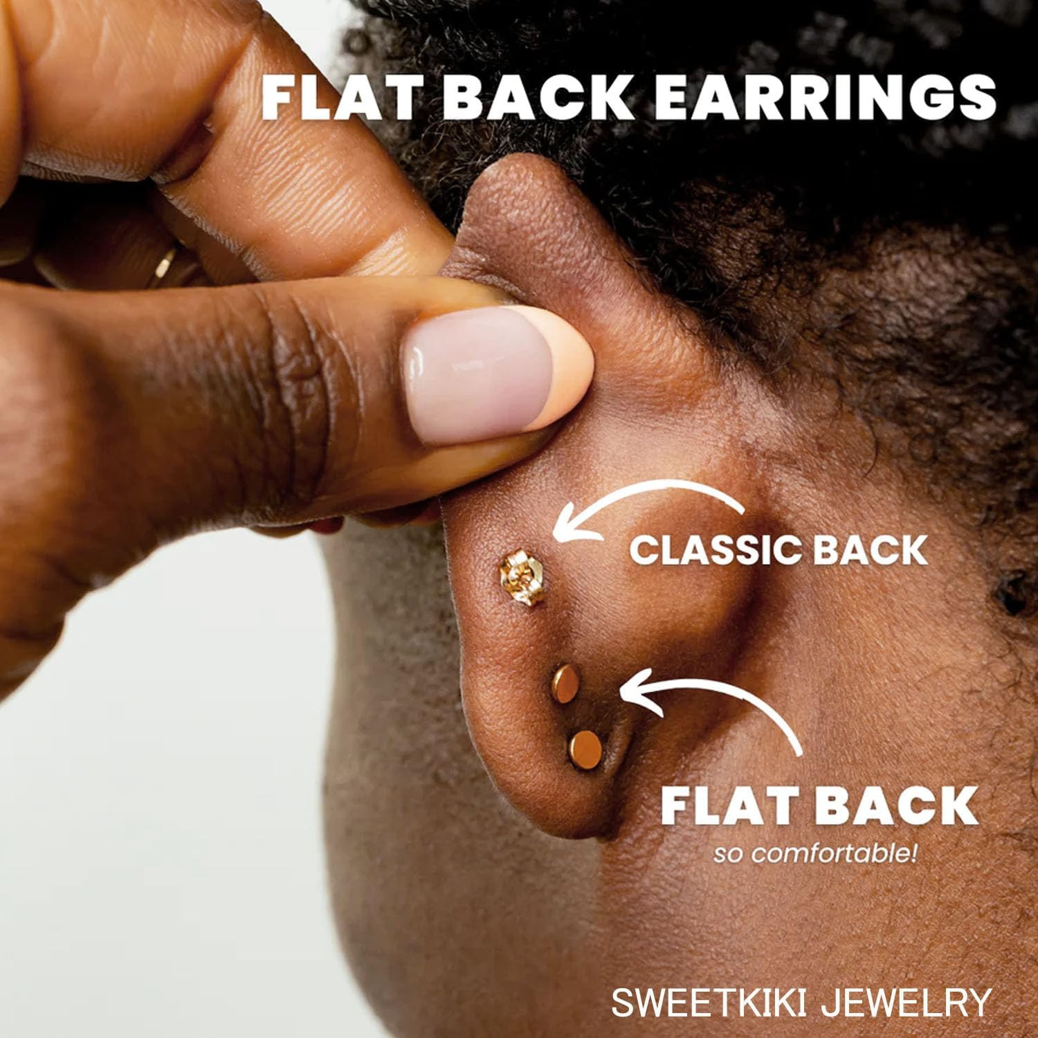 Threadless Flat Back Earrings, Hypoallergenic 14K Real Gold Plated CZ Stud Earri