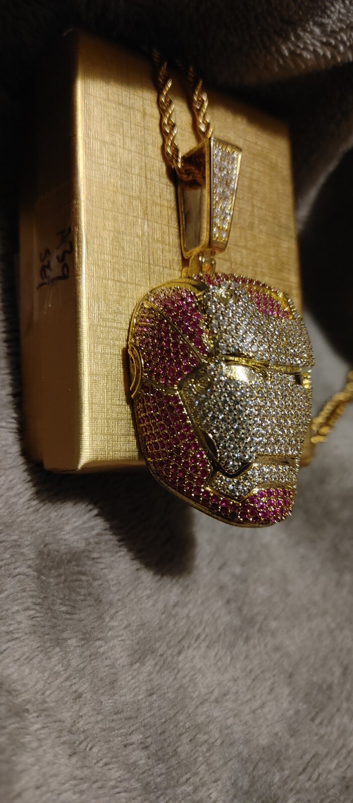 Ice Out Iron Man Pendant Brass Plated With 24in Stainless Steel Necklace