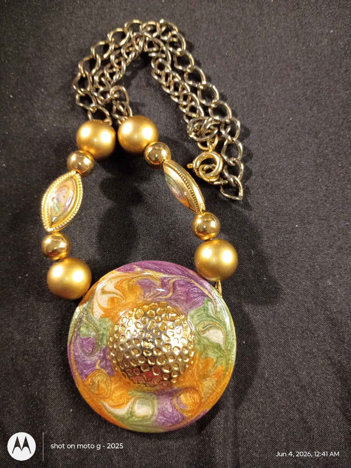 Gold Tone Multicolor Round Charm Pendant Beaded Statement Necklace 19-24in