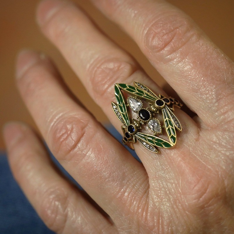 Vintage Dragonfly Ring Blue Cubic Zirconia Gothic Adjustable Statement Ring Gift