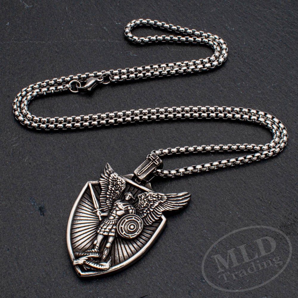 Saint St Michael Shield Pendant Necklace – Stainless Steel Archangel 24″ Chain