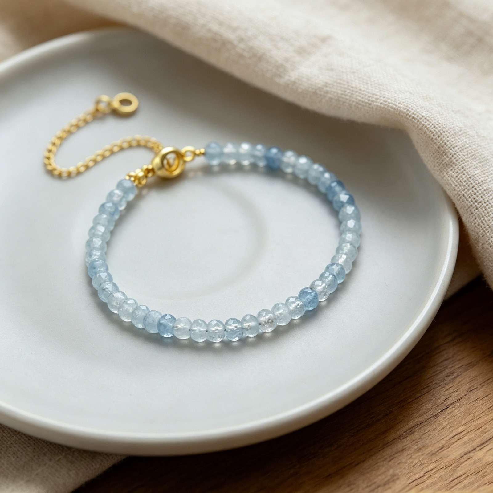 3mm Natural Aquamarine Faceted Beaded Adjustable Bracelet Gold Tone