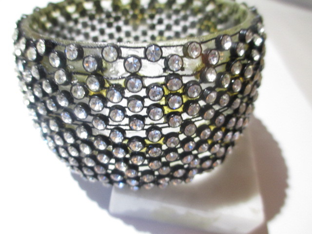 DOUBLE WIDE PLASTIC CLEAR BANGLE COVERED IN RHINESTONES FANCY CLUB FASHION 2 5/8