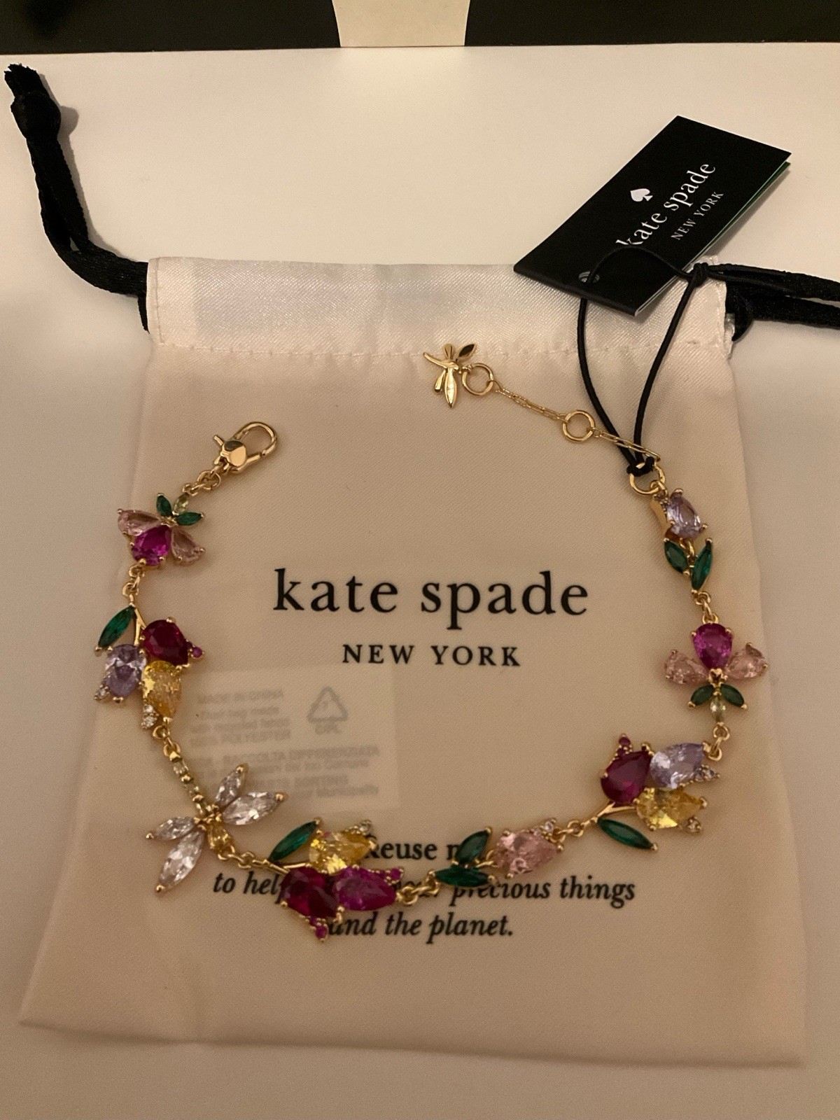 NWT Kate Spade Greenhouse Floral 12k Gold Plated CZ Crystals Bracelet
