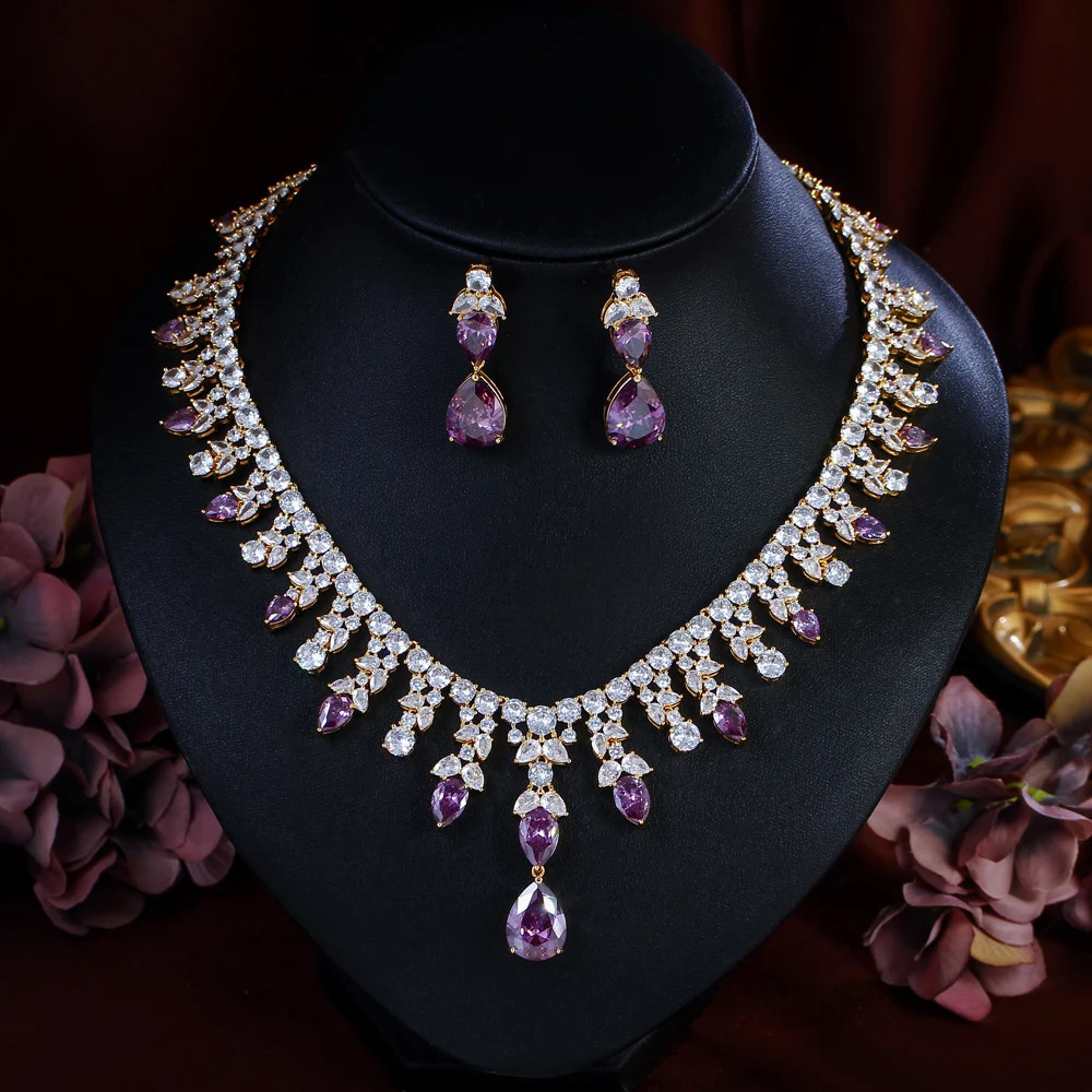 Luxury Gold Plated Purple CZ Wedding Necklace Pageant Bridal Jewelry Sets