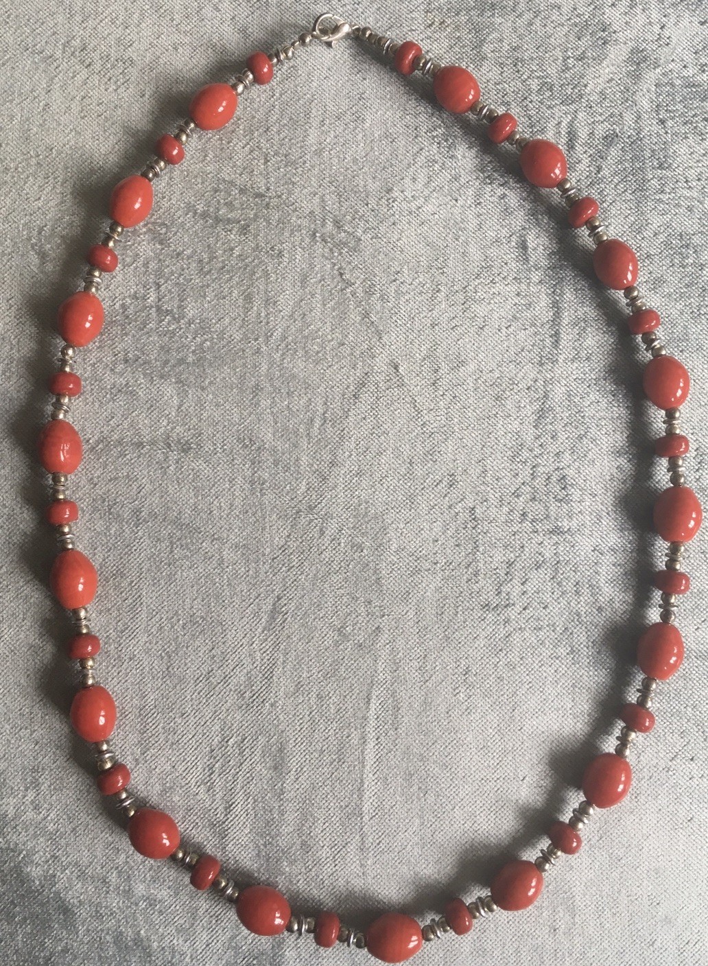 Red & Silver Bead Bohemian Necklace Length 20 Inches/51 cm