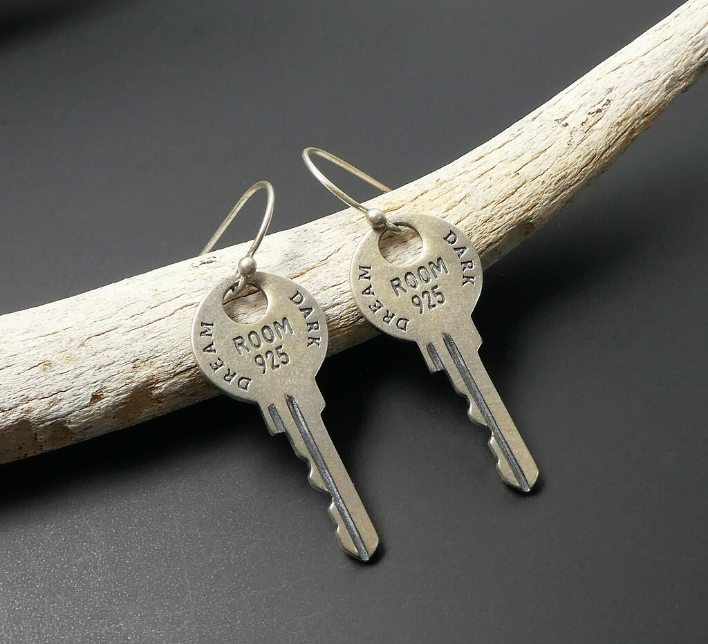 Antiqued Solid 925 Sterling Silver Door Key Drop Earrings Modern Unique Gothic