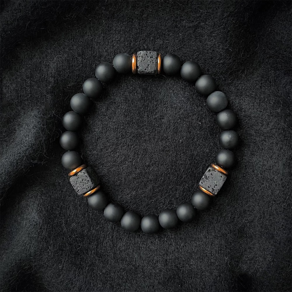 Natural Black Onyx Lava Bracelet 8mm Black Crystal Gemstone Beaded Mens Bracelet