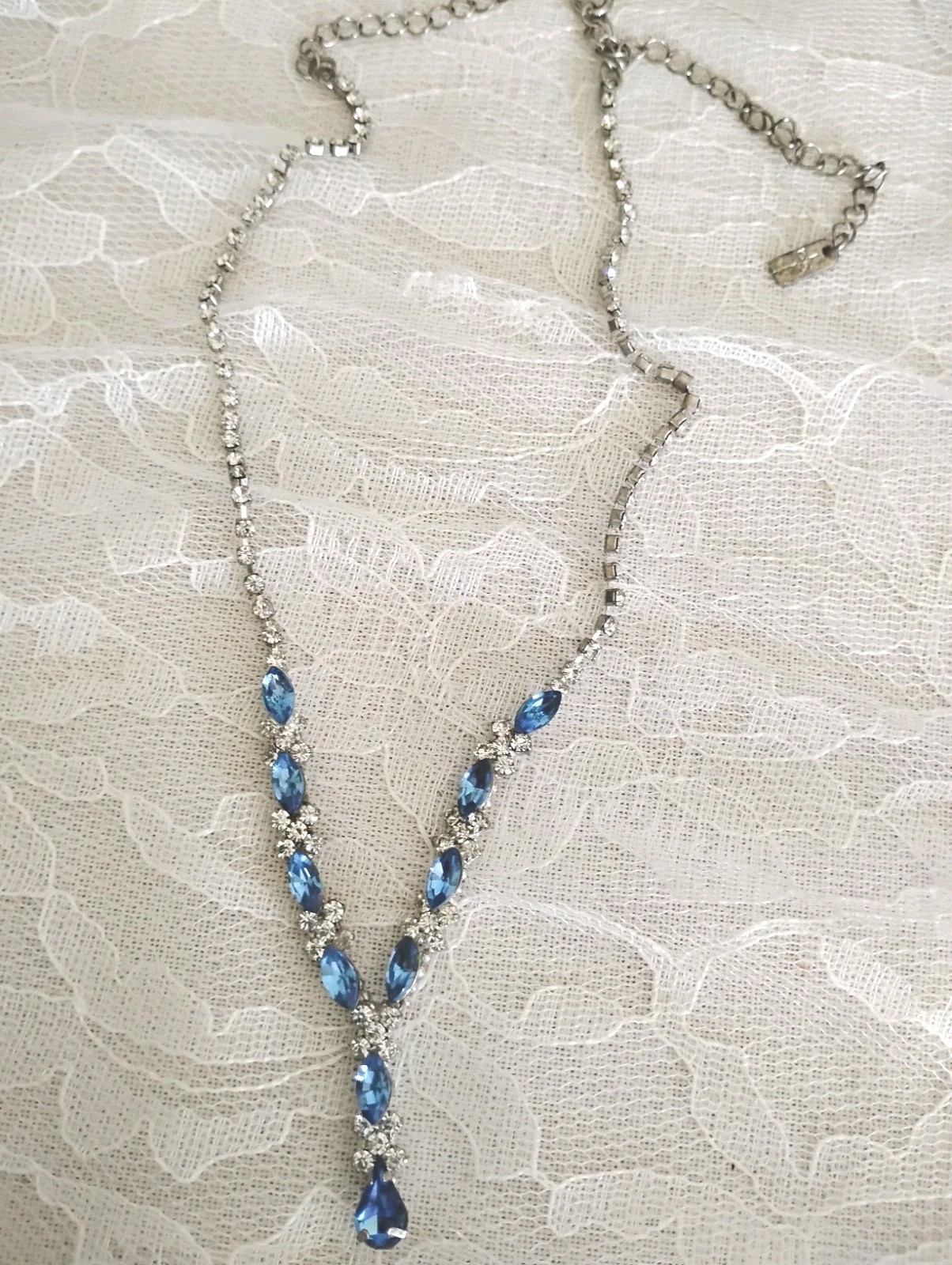 Silver Tone Blue and Clear Rhinestone Necklace