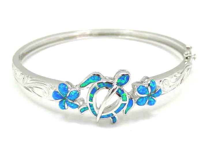 INLAY OPAL HAWAIIAN HONU TURTLE PLUMERIA SCROLL BANGLE BRACELET STERLING SILVER