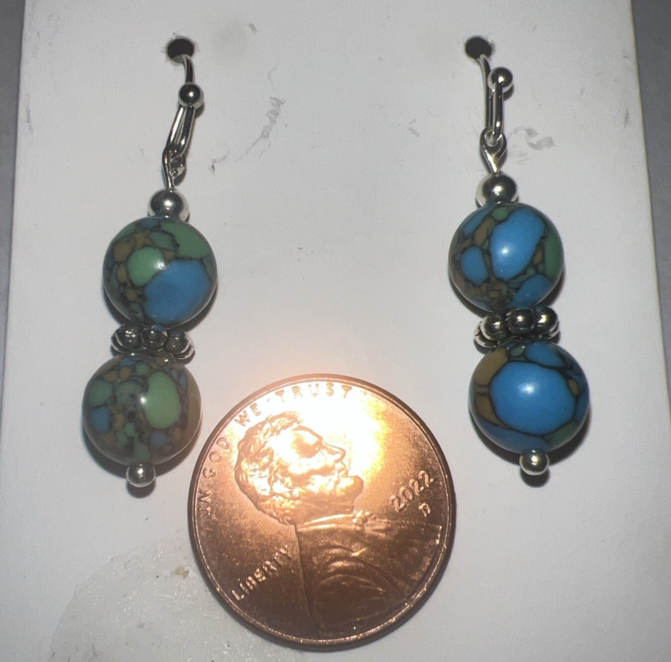 Blue & Green Stone Bead Earrings W/ Silver, Dangle, Fashion, Earth, Jewelry