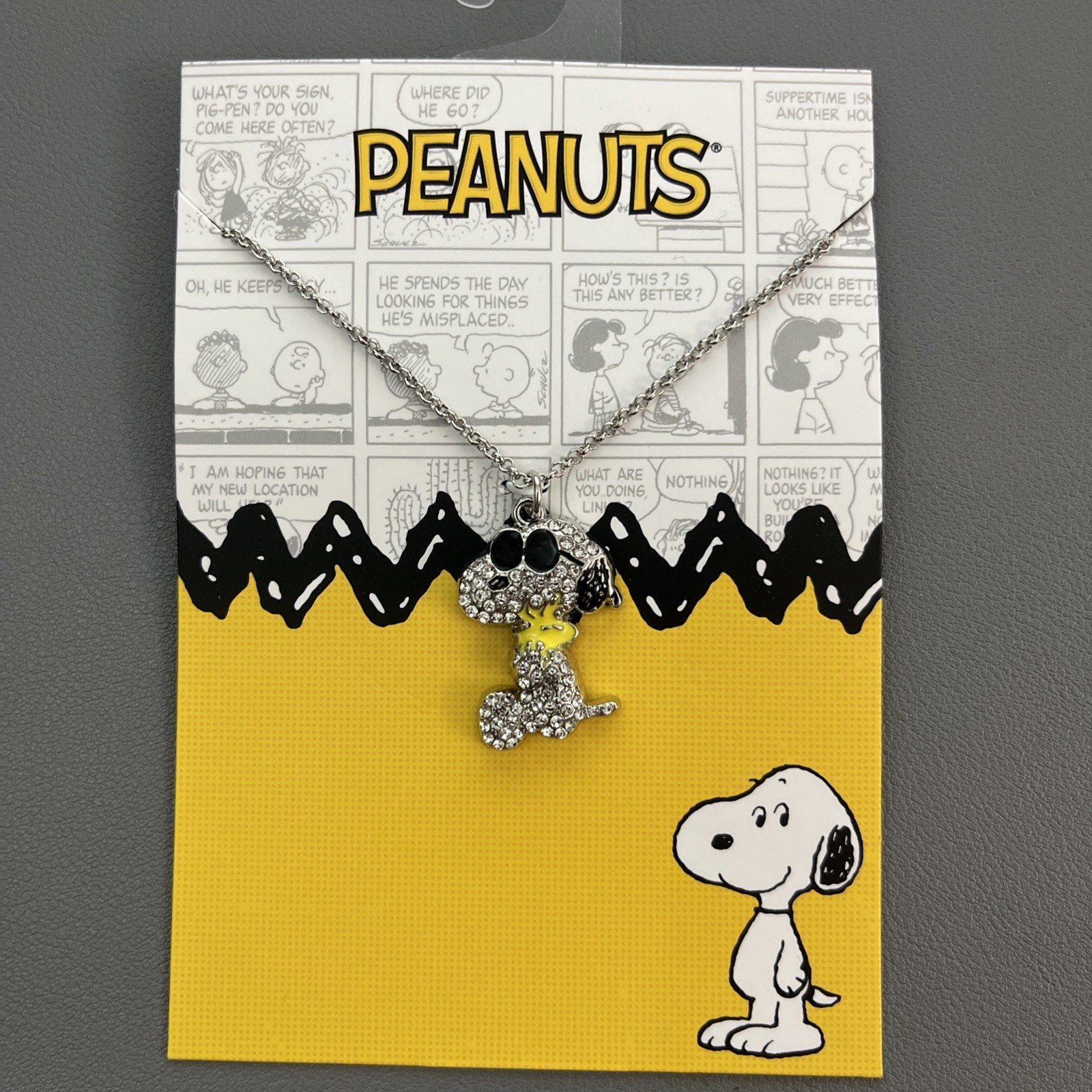 Peanuts Snoopy Hugging Woodstock Necklace Rhinestone Enamel Silver Tone New
