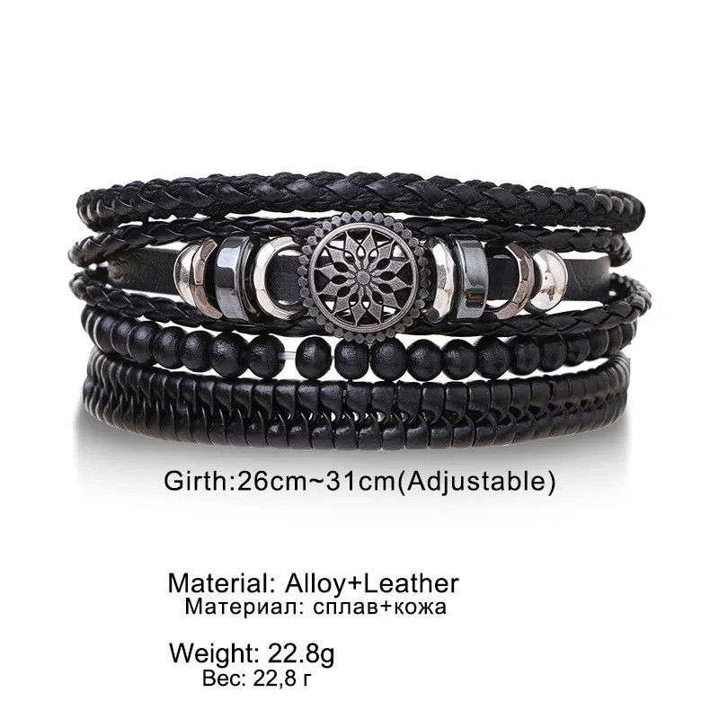 4Pcs/ Set Braided Wrap Leather Bracelets for Men Vintage Life Tree Rudder Charm