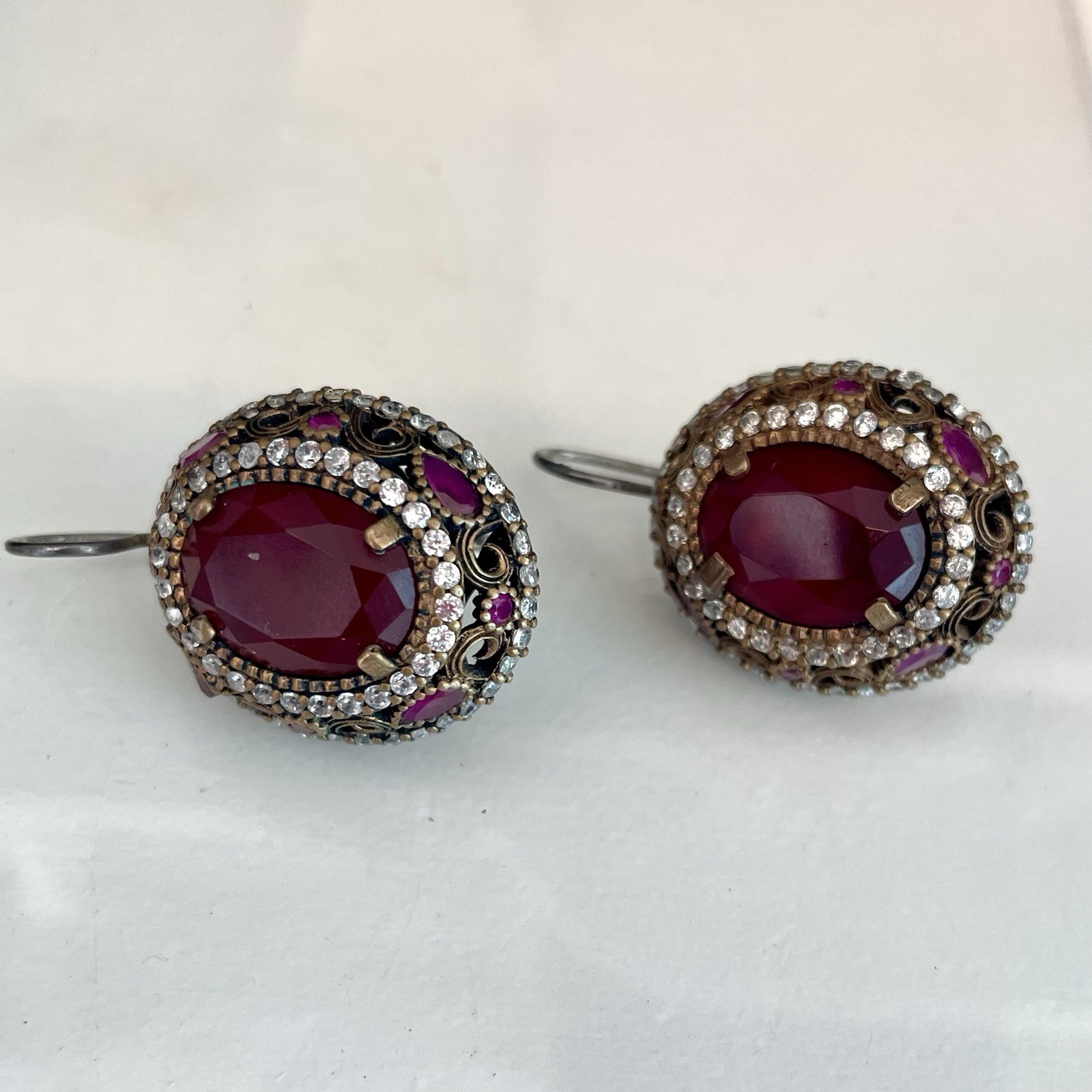Vintage Red Rube Rhinestone Statement Earrings Silver & Gold Tone Filigree Oval