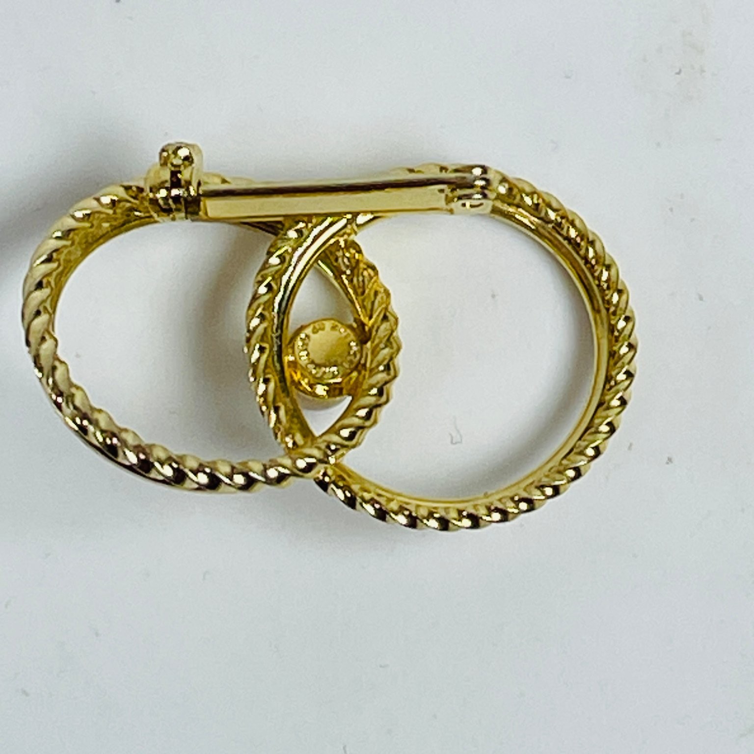 Gold Filled Interlocking Circles Brooch Pin 1.15″ Rope Twist Faux Pearl 12K GF