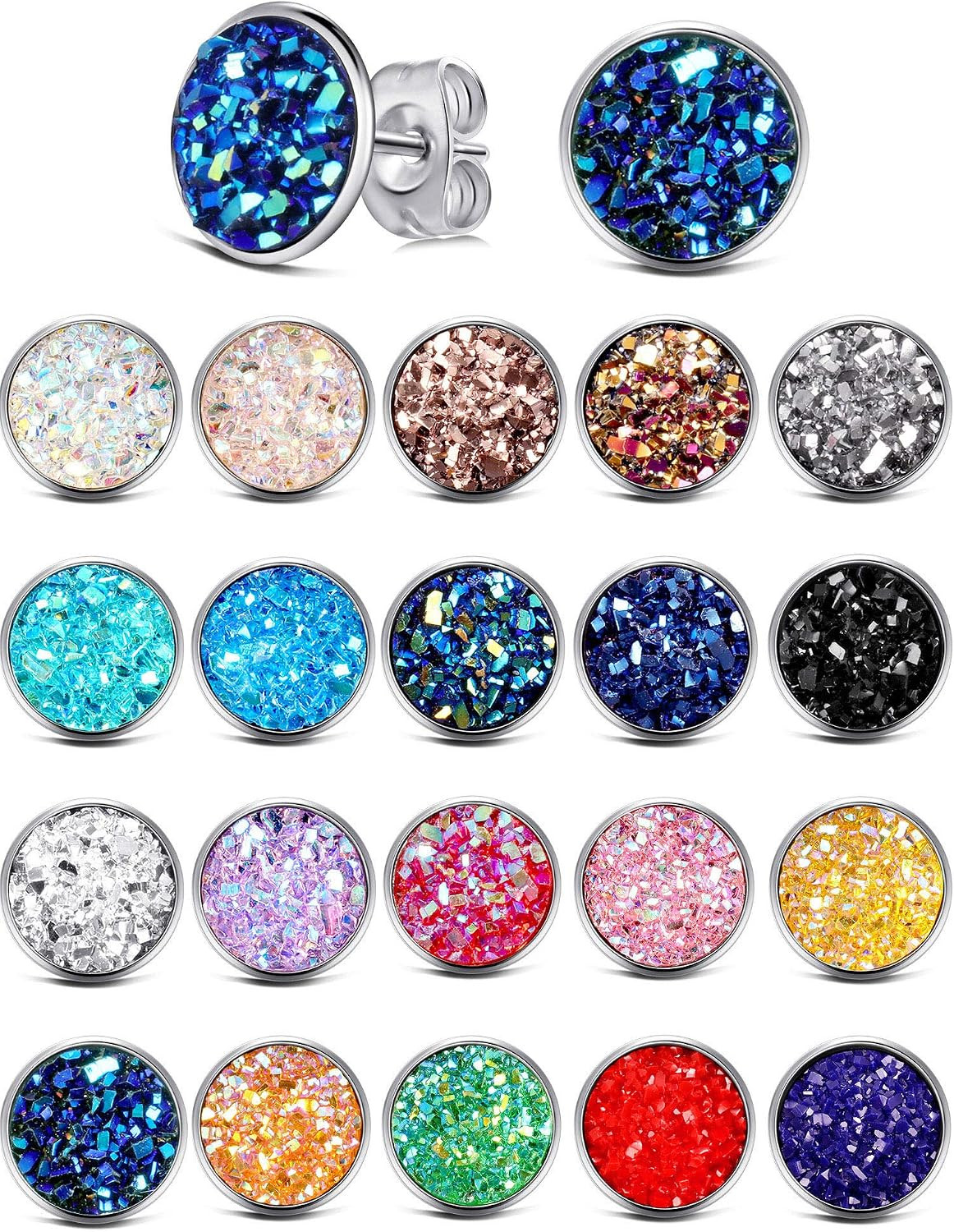 20 Pairs round Stud Earrings Stainless Steel Druzy Stud Earring anti Sensitive F