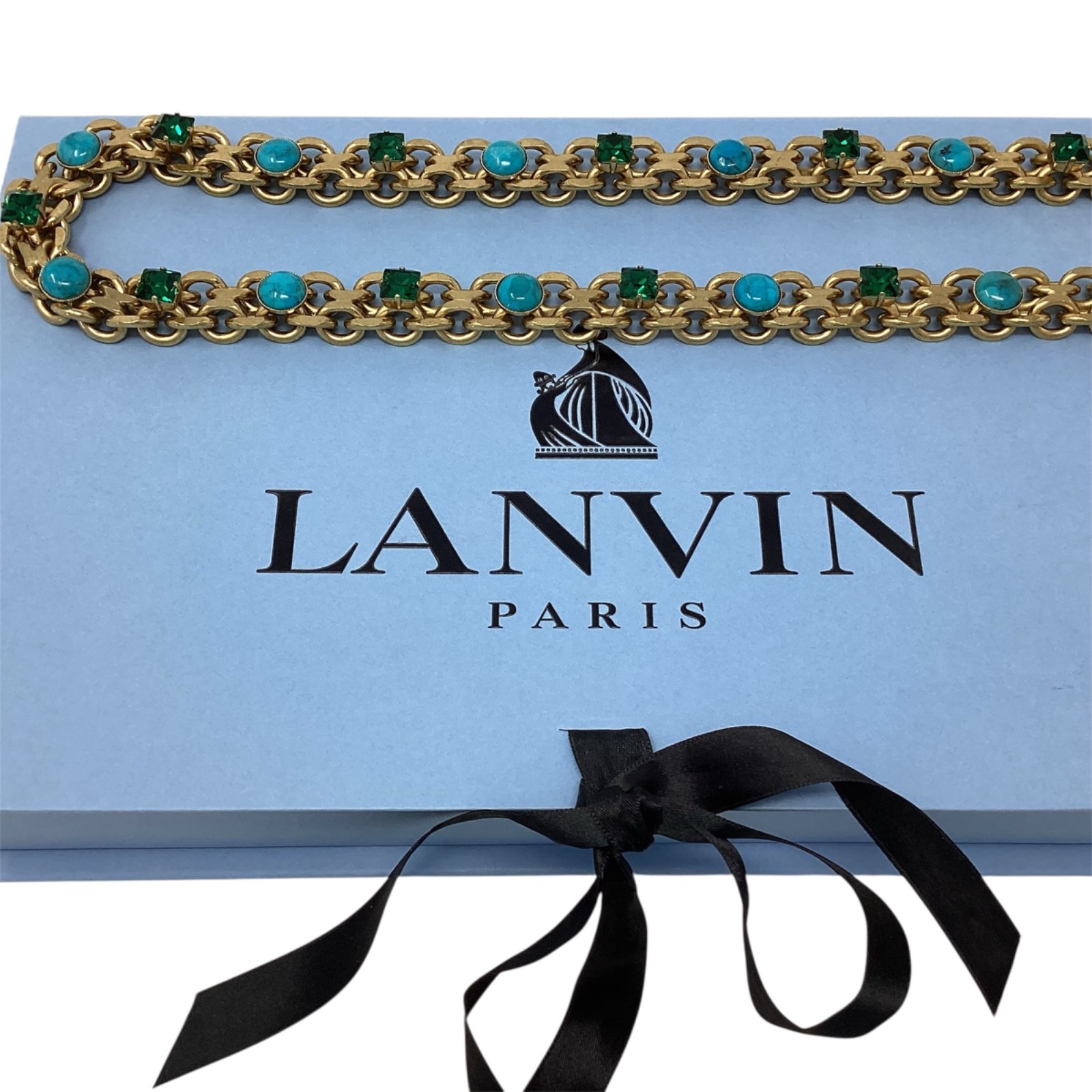 Lanvin Paris Long Necklace / Belt Gold-Tone Turquoise & Green Crystal New + Box