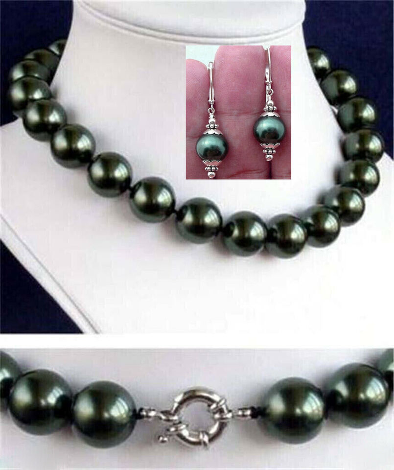 12mm Tahitian Peacock Black South Shell Pearl Round Beads Necklace 20″ +Earrings