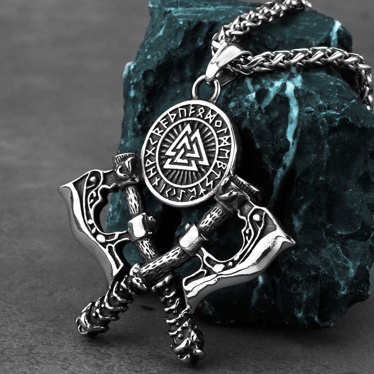 Viking Warrior Double Axe Stainless Steel Pendant Necklace Valknut Rune Chain