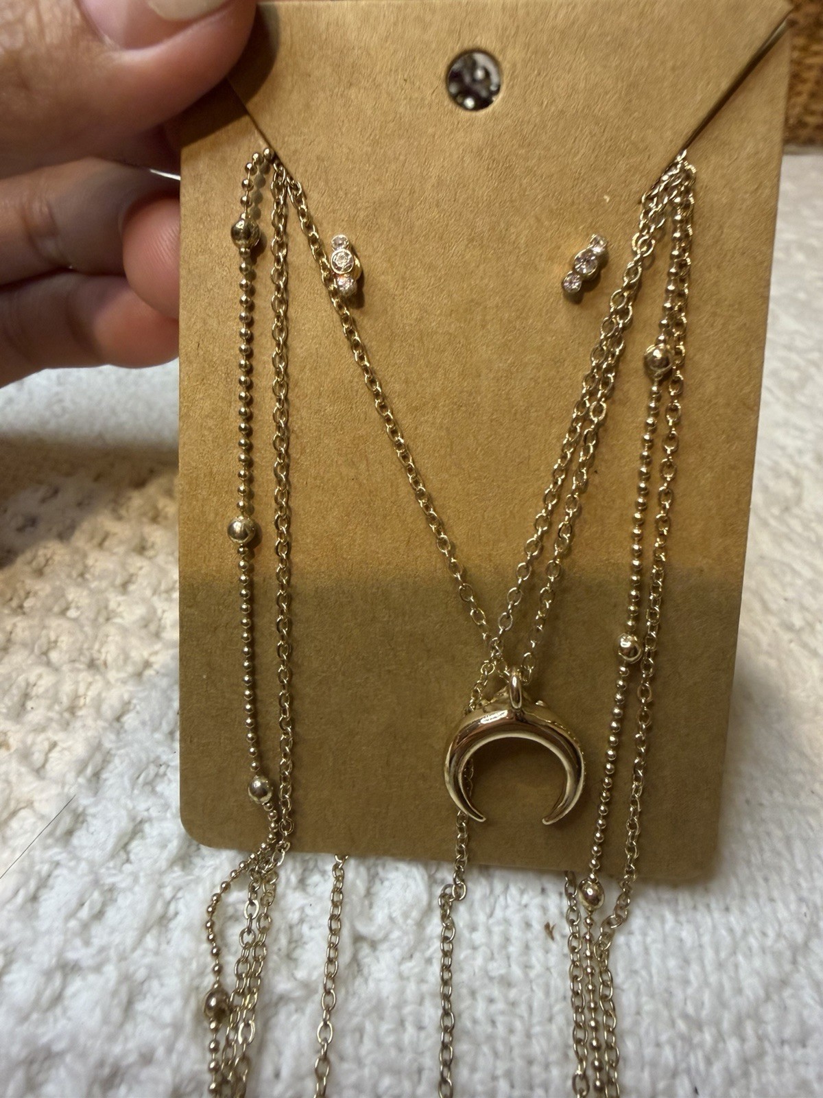 Gold Tone Layered Chain Necklace & Earrings Crescent Moon Charm, Bohemian