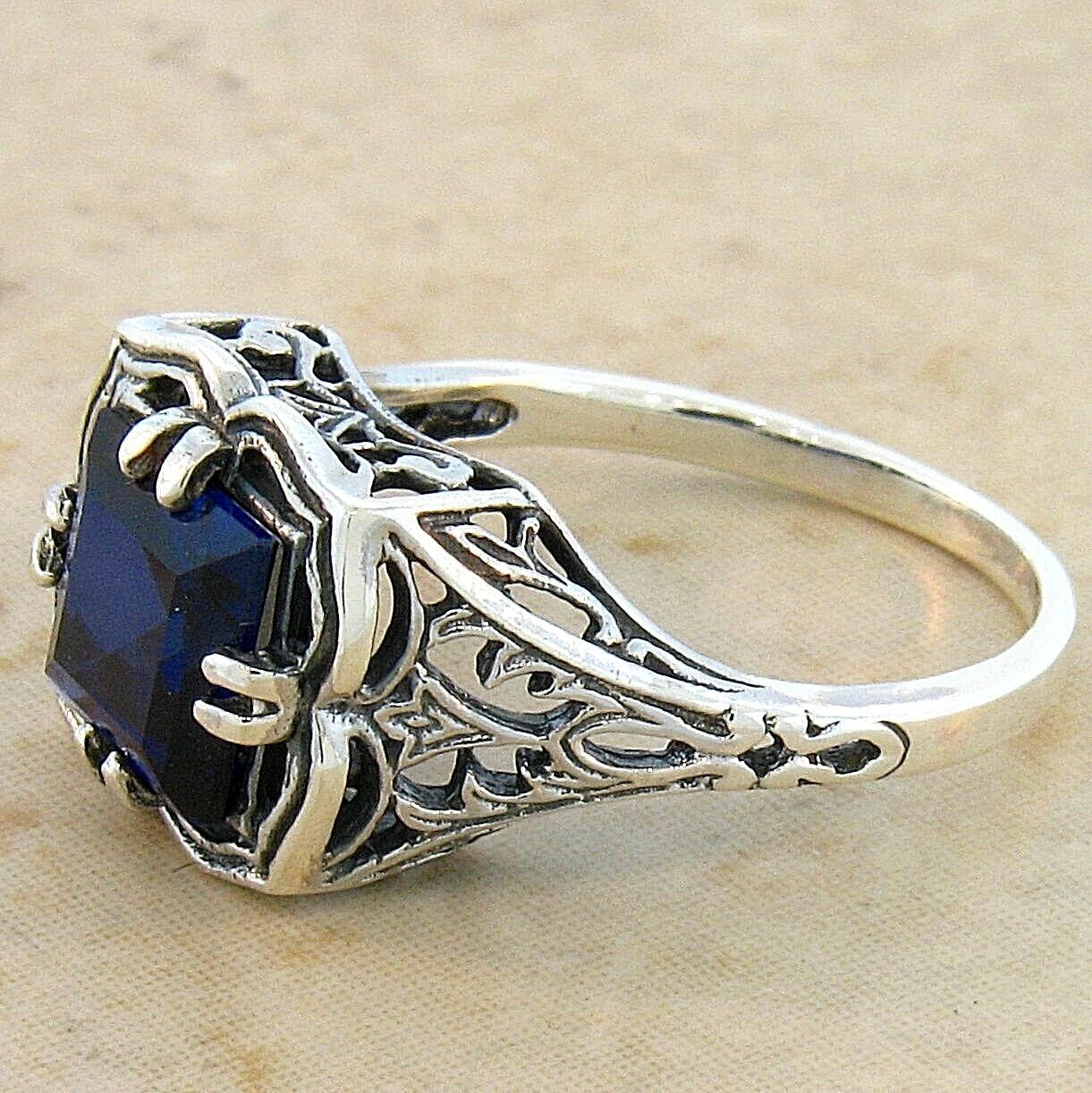 ART DECO STYLE 925 STERLING SILVER FILIGREE LAB-CREATED 2 CT SAPPHIRE RING 745Z