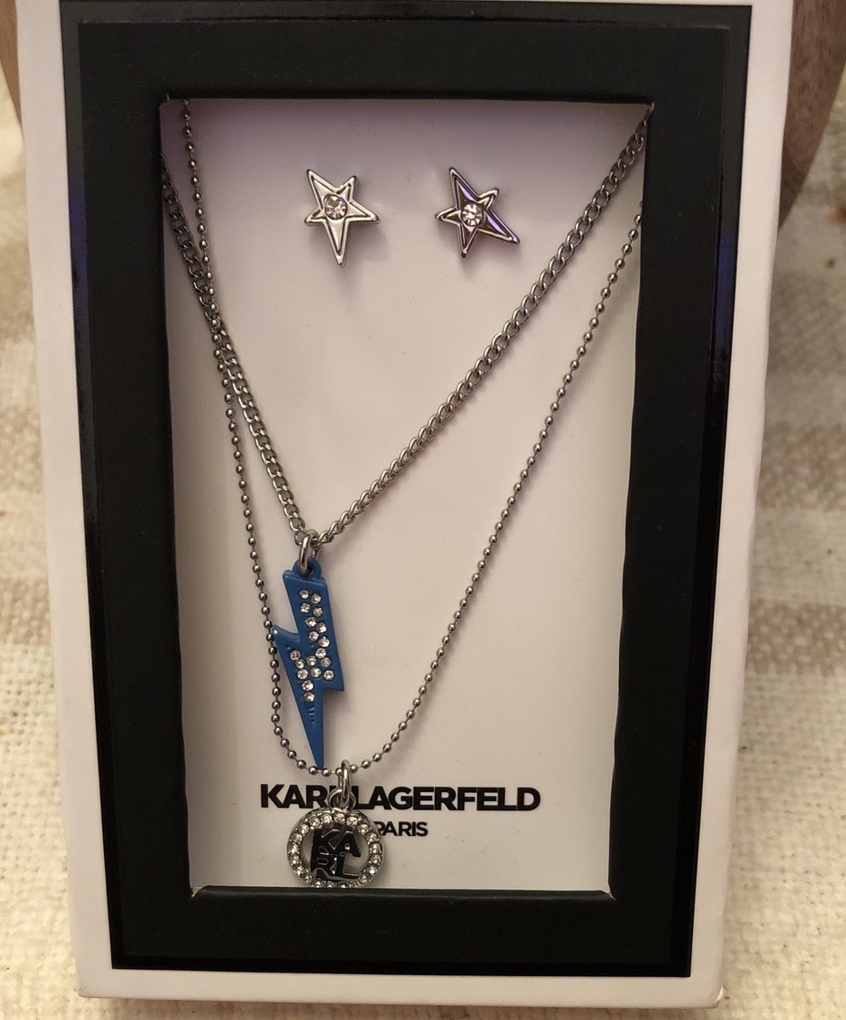 Karl Lagerfeld Lightning Bolt & Karl Layered Necklace & Star Stud Earrings NIB