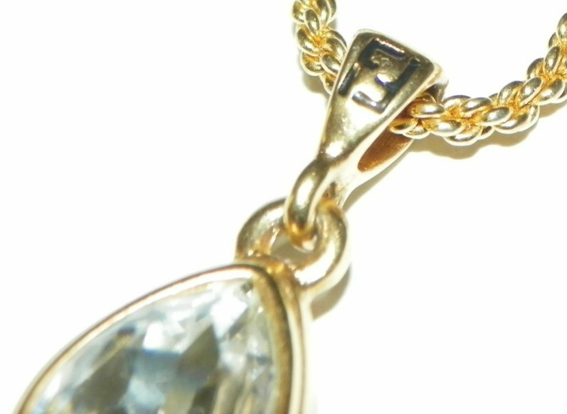 VTG Fendi Logo Teardrop double side Black Enamel/clear Crystal Pendant GoldTone