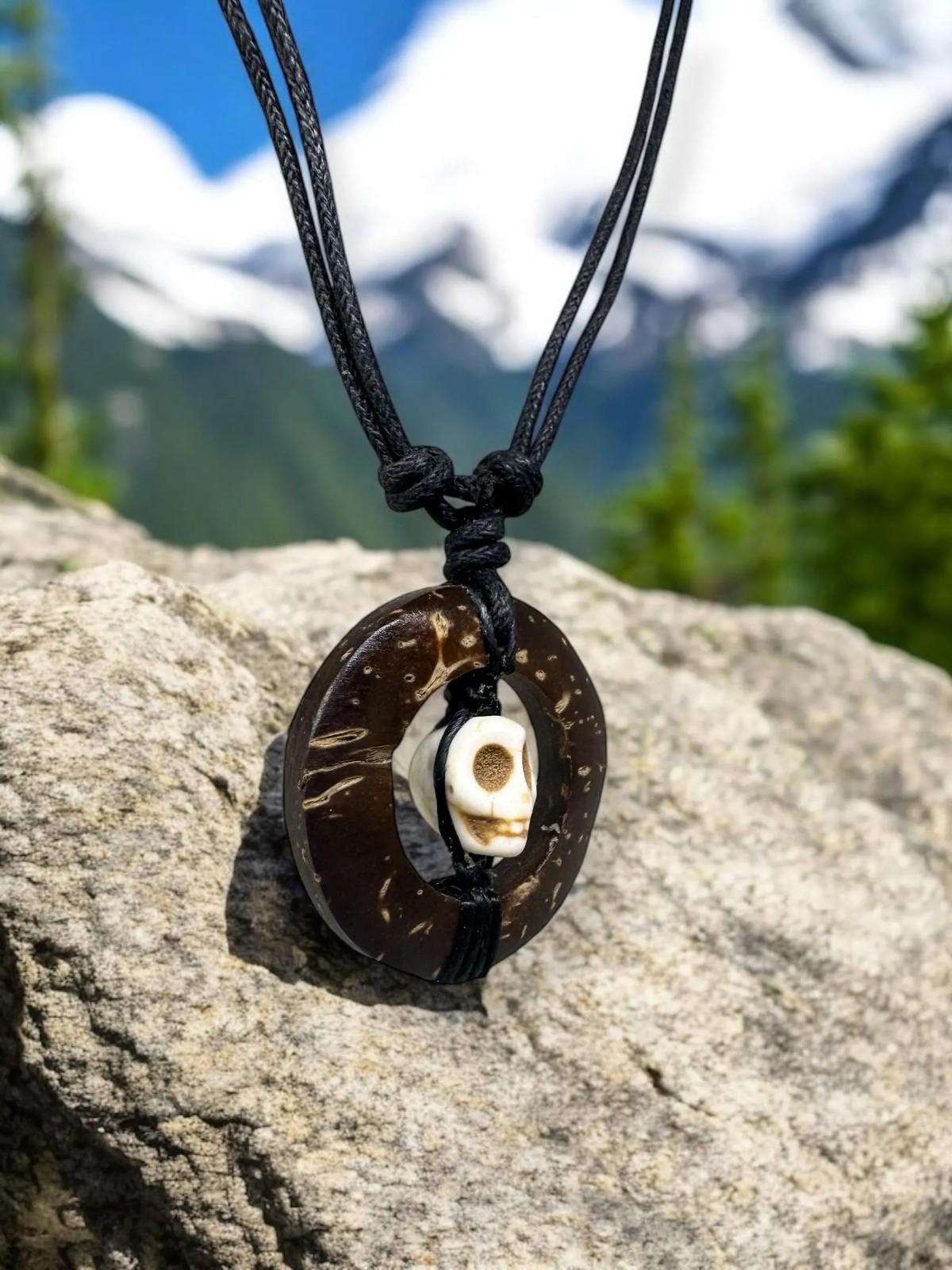 Handcrafted Coconut Shell Skull Necklace Howlite Pendant Adjustable Cord Unisex