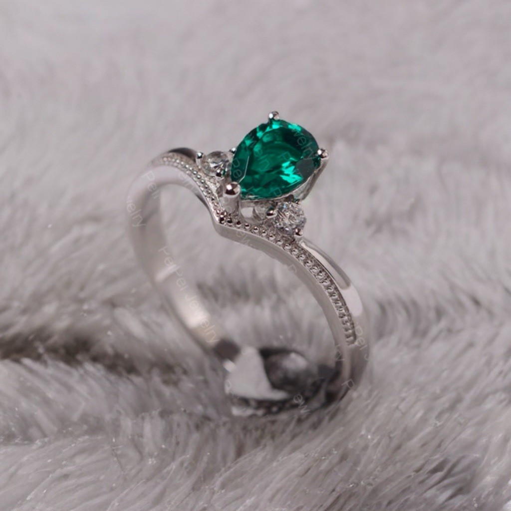 7x5mm Created Emerald Pear Women Engagement Ring 14k White Gold Plated