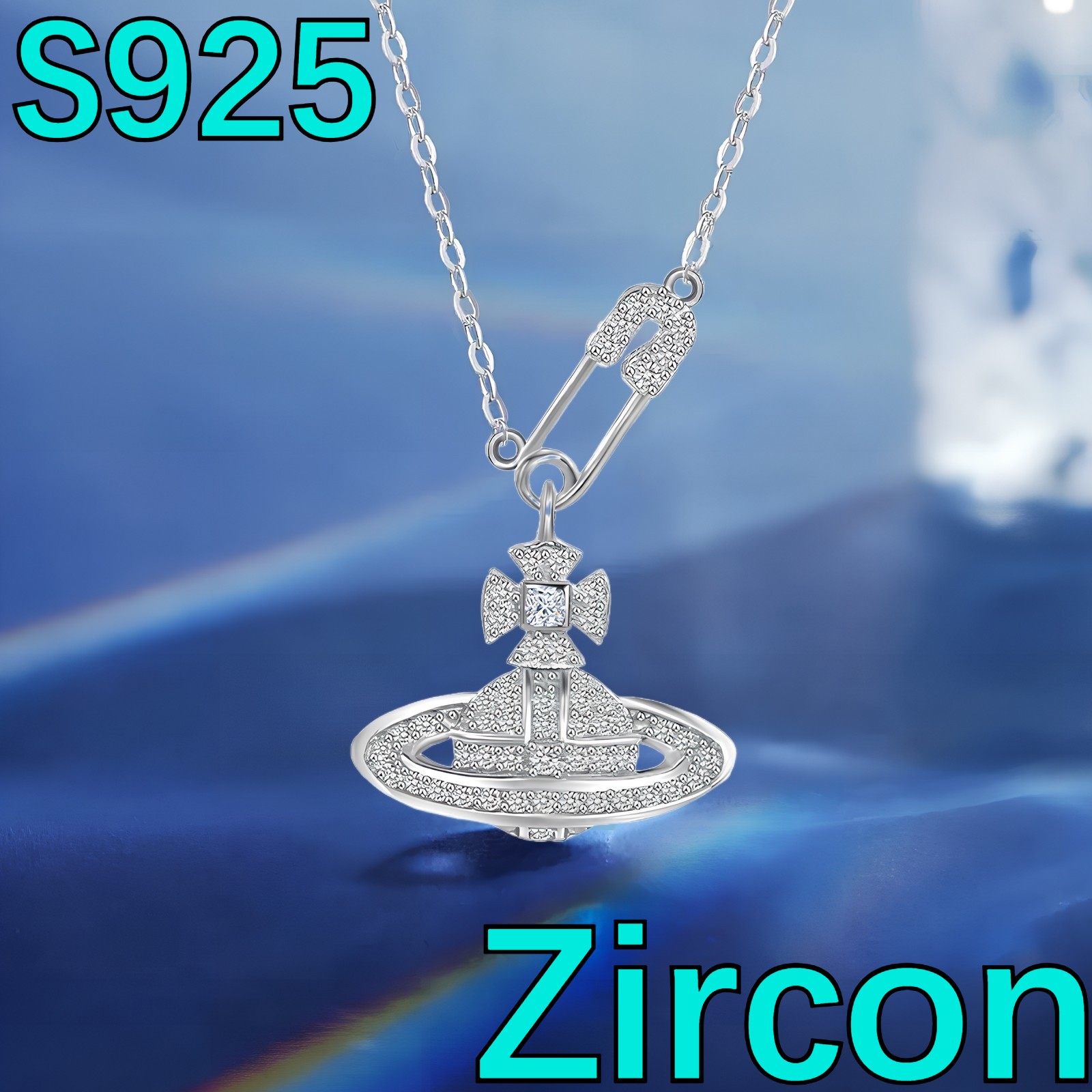 925 Silver Saturn Pendant Necklace (Pin & Zircon, 39+4cm, Gift for Her)