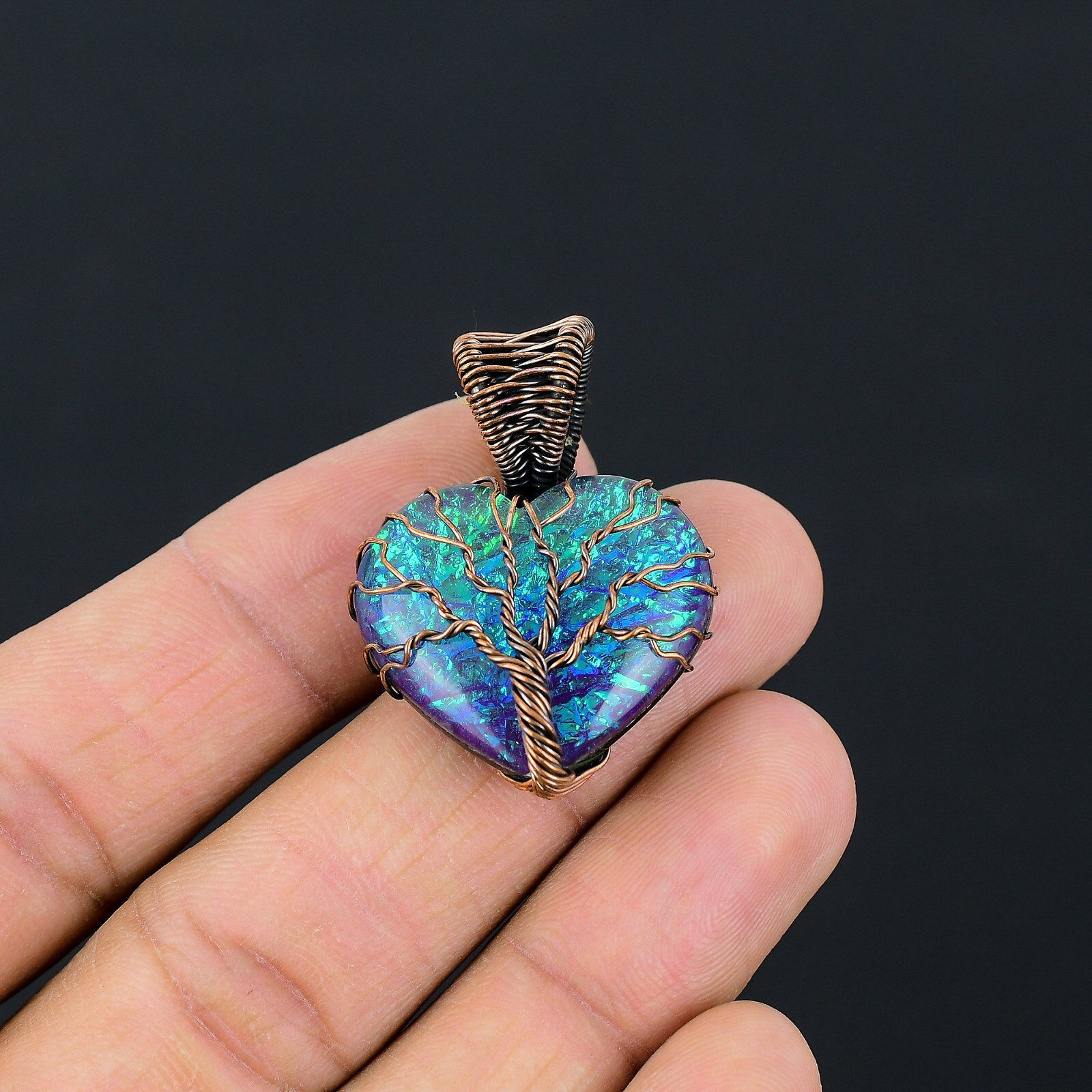 Tree Of Life Pink Opal Gemstone Copper Wire Wrap Handmade Pendant For Gift
