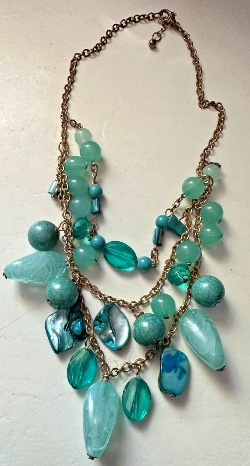 Classic Beach Necklace 3 Strand Layered Glass Blue Turquoise Green Bronze Tone