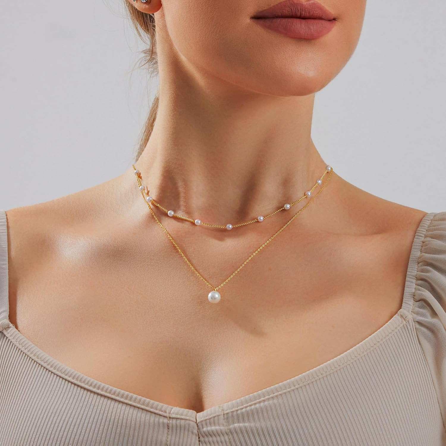 Pearl Necklace for Women Layered Trendy 14K Gold Plated Dainty Pearl Pendant Cho